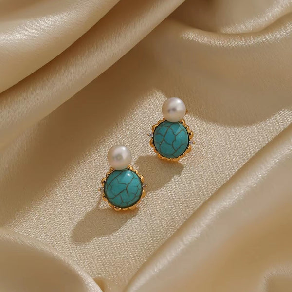 National style new Chinese natural turquoise temperament pearl earrings niche design