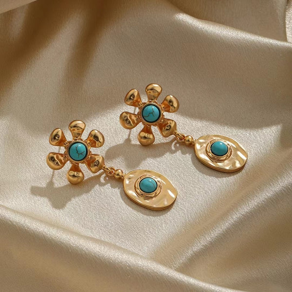 Retro palace style sun flower natural turquoise niche double layered gold earrings