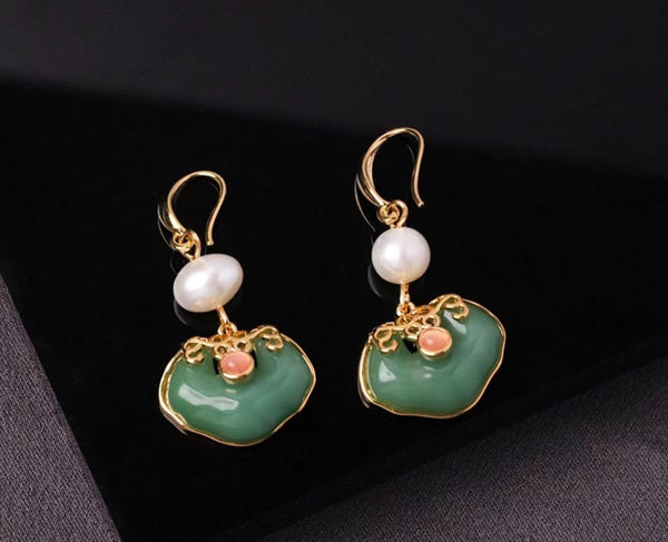 Copper alloy synthetic zircon earrings China wind 【 Green Ruyi 】