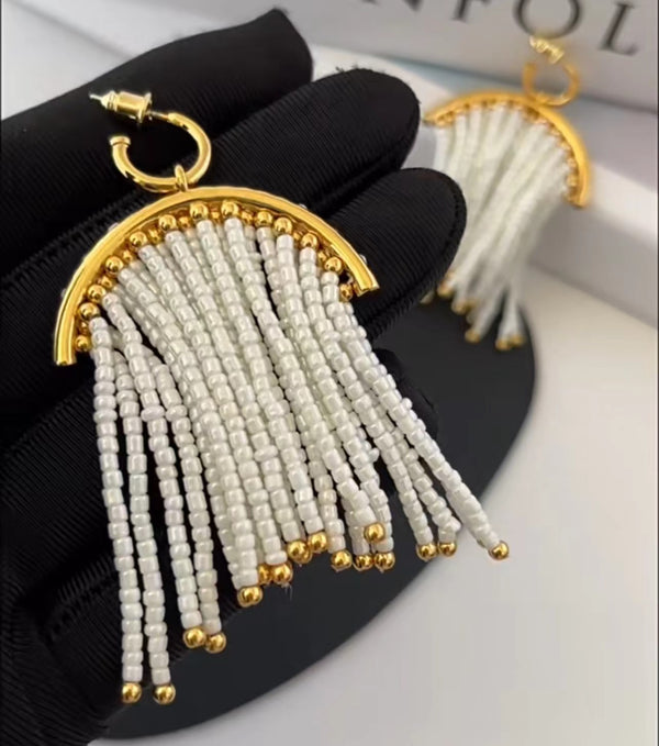Tassel earrings Rice beads long pearl earrings