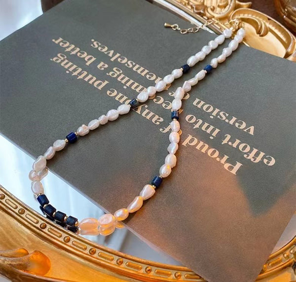 French freshwater pearl lapis clavicle chain necklace