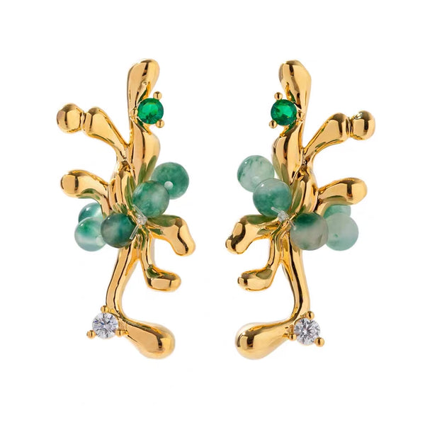 Retro versatile new Chinese style summer style personalized design green agate branch earrings copper plated 18K real gold jewelry