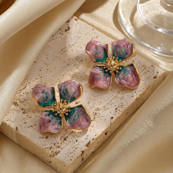 Hand-made retro palace style flowers purple oil painting earrings
