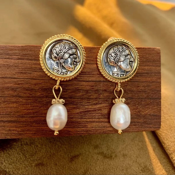 Ancient style retro portrait bead earrings Greek design